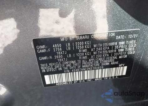 2022 Subaru Outback Limited z USA, uszkodzony, nr VIN 4S4BTANC2N3184609